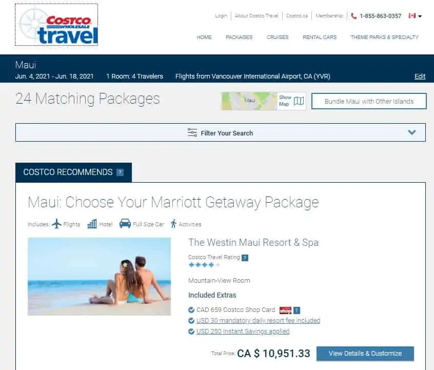 PC Travel vs. Costco Travel vacation package comparison