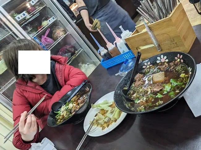 Beef noodles, delicious and very cheap (~$6 CAD per bowl)